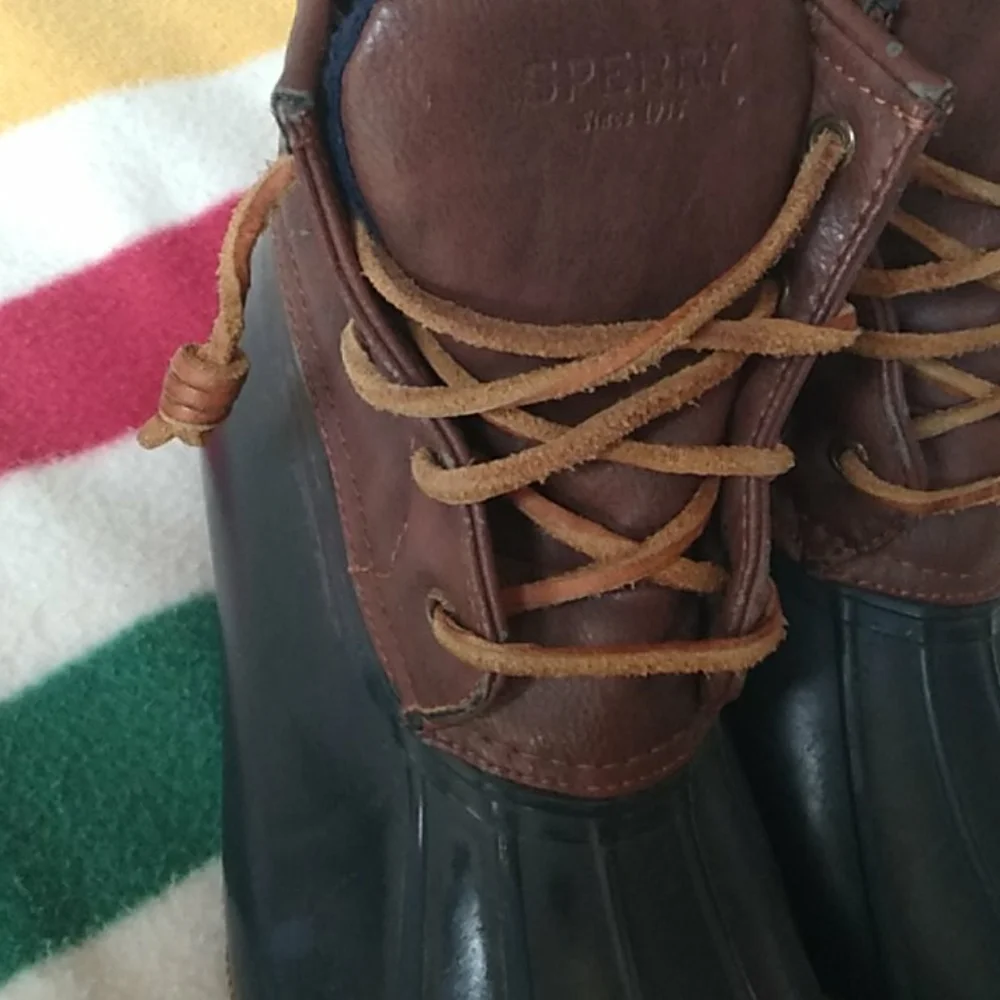 Sperry Kids Brown Leather and Navy Rubber Duck Boots with Tan Soles